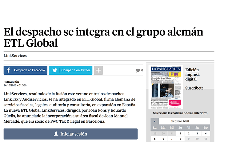 Linkservices se integra en la firma alemana ETL GLOBAL. – Octubre 2016