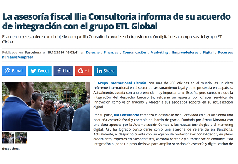 La asesoría fiscal Ilia Consultoría informa de su acuerdo de integración con el grupo ETL Global. – Diciembre 2016