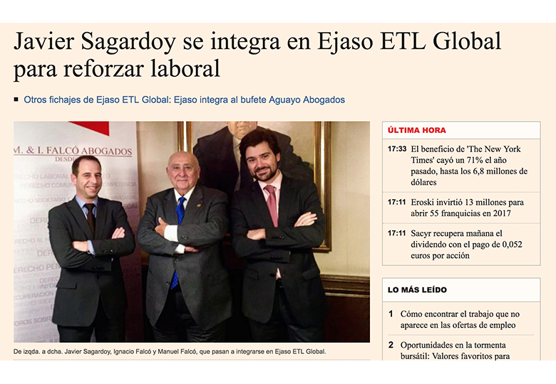 Javier Sagardoy se una a EJASO ETL GLOBAL para reforzar el área laboral. – Abril 2017