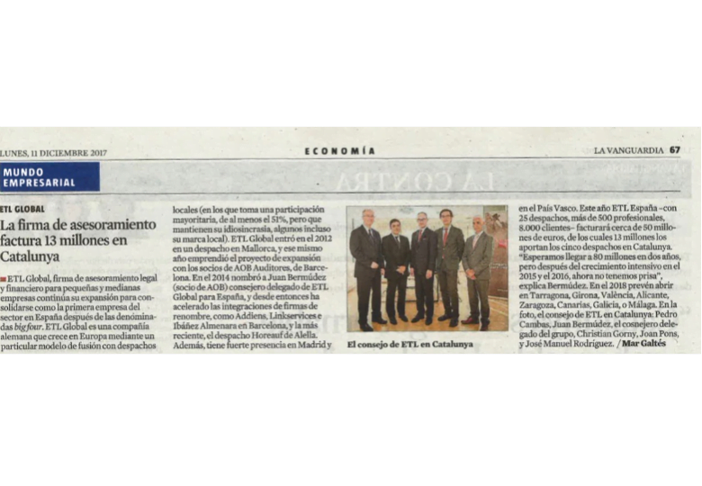 Etl Global , la firma de asesoramiento factura 13 millones en Catalunya – Diciembre 2017