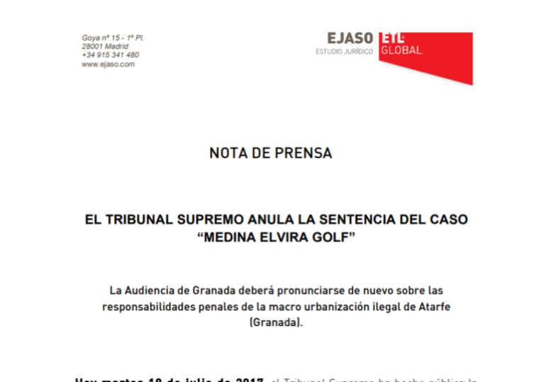 El tribunal supremo anula la sentencia del caso “Medina Elvira Golf” – Febrero 2018
