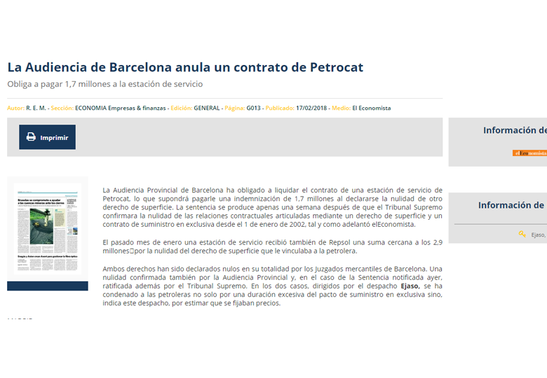 La Audiencia de Barcelona anula un contrato de Petrocat – Febrero 2018