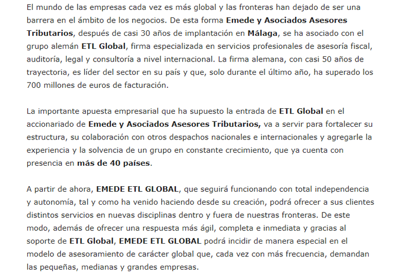 Emede y Asociados se integra en la firma alemana ETL GLOBAL – Enero 2018