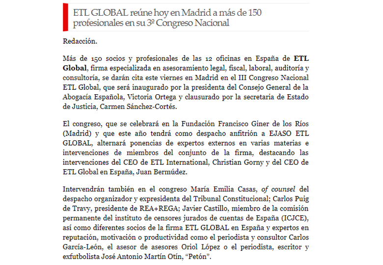 ETL GLOBAL reúne hoy a más de 150 profesionales en su 3º Congreso Nacional. – Mayo 2017