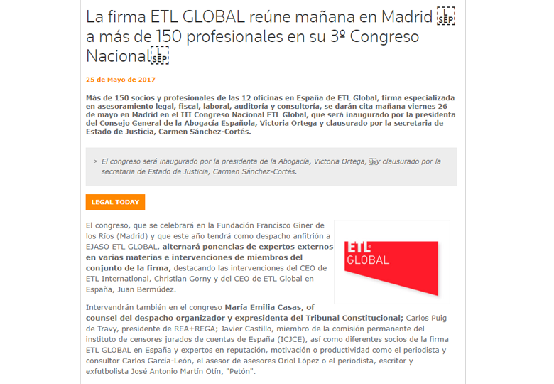 La firma ETL GLOBAL reúne mañana en Madrid a más de 150 profesionales en su 3º Congreso Nacional. – Mayo 2017